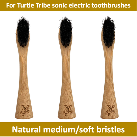 The Turtle Tribe® SONIC Electric Toothbrush bamboo heads 3-pack, horse hair bristles