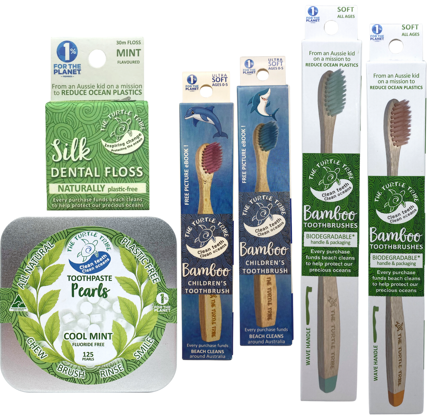 Family Oral Care Bundle, Natural and Plastic Free! - 2 Premium toothbrushes, 2 kids toothbrushes, toothpaste pearls, floss The Turtle Tribe