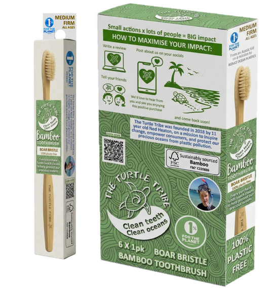 The Turtle Tribe® Premium Bamboo Toothbrush - NATURAL BOAR BRISTLE - medium/FIRM - 100% plastic-free Turtle Tribe