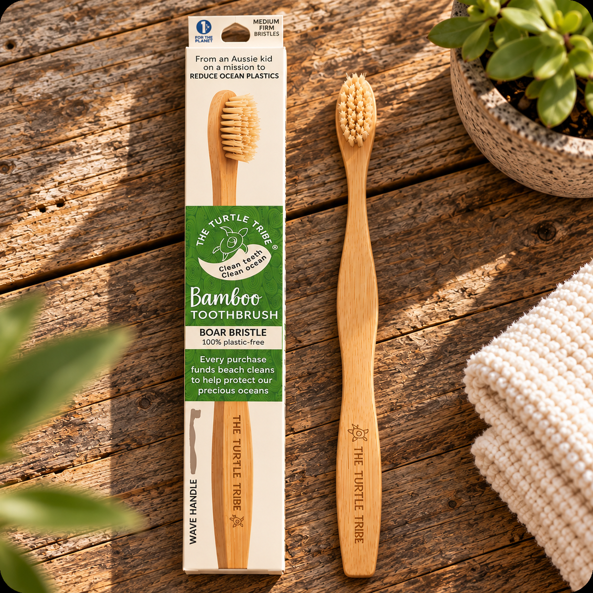 Premium Bamboo Toothbrush – Boar Bristles, Medium/Firm, 100% Plastic-Free Turtle Tribe