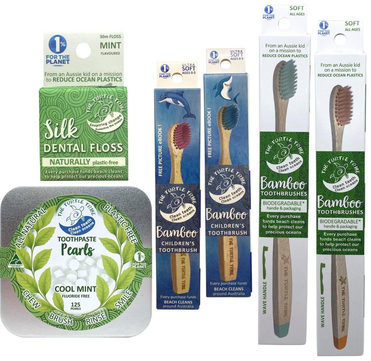 Family Oral Care Bundle, Natural and Plastic Free! - 2 Premium toothbrushes, 2 kids toothbrushes, toothpaste pearls, floss The Turtle Tribe