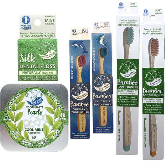 Family Oral Care Bundle, Natural and Plastic Free! - 2 Premium toothbrushes, 2 kids toothbrushes, toothpaste pearls, floss The Turtle Tribe