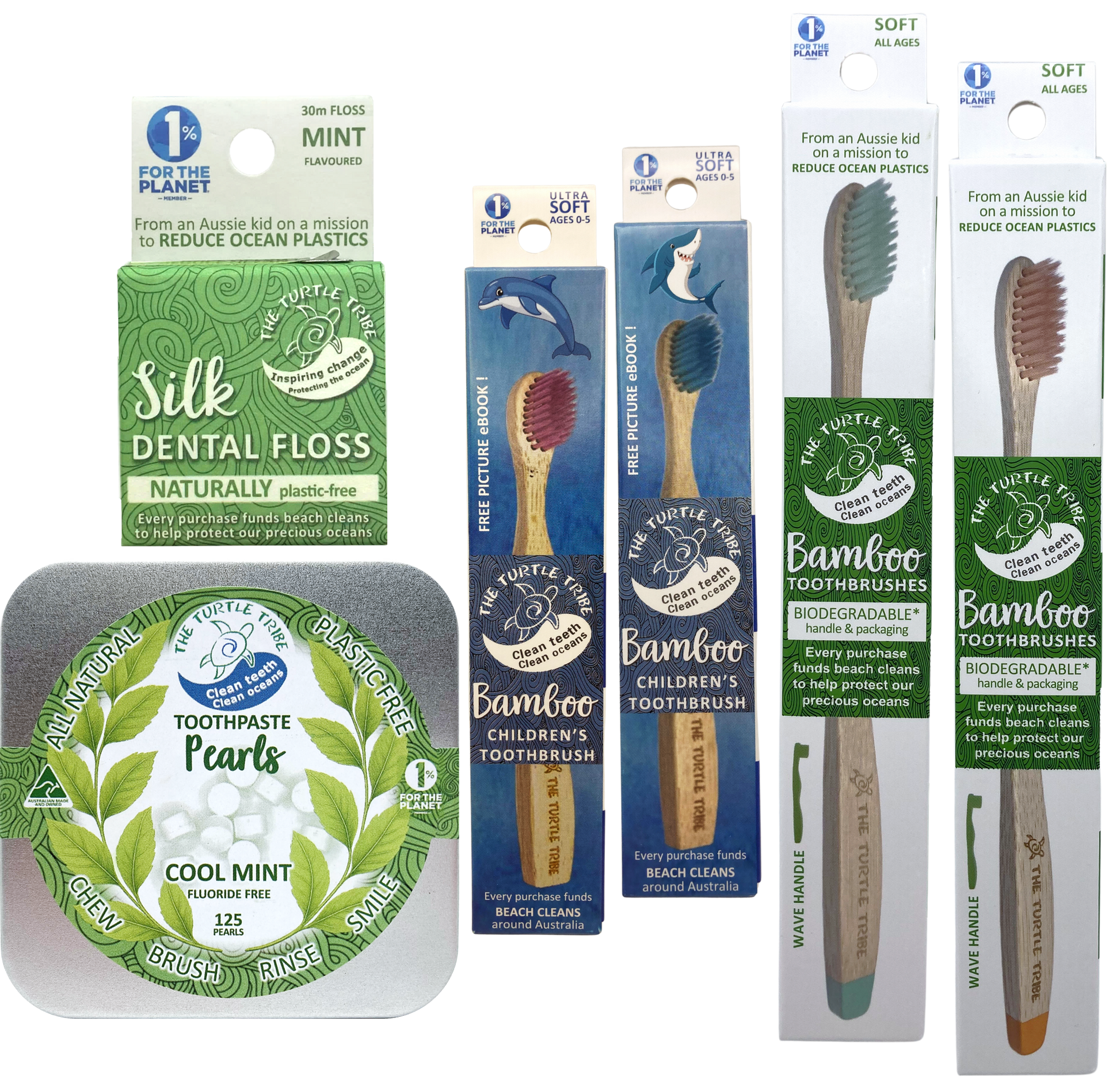 Family Oral Care Bundle, Natural and Plastic Free! - 2 Premium toothbrushes, 2 kids toothbrushes, toothpaste pearls, floss The Turtle Tribe