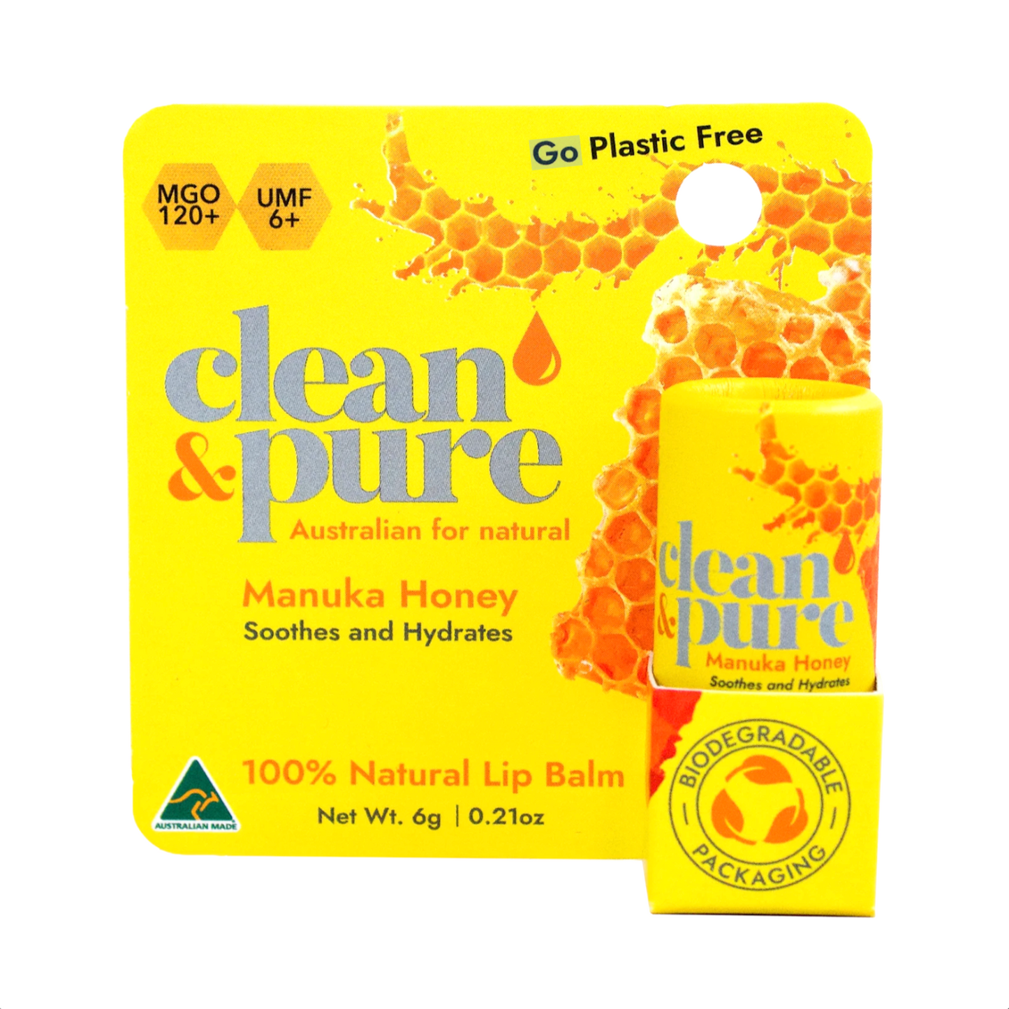 Clean & Pure Manuka Honey lip balm packaging on a white background
