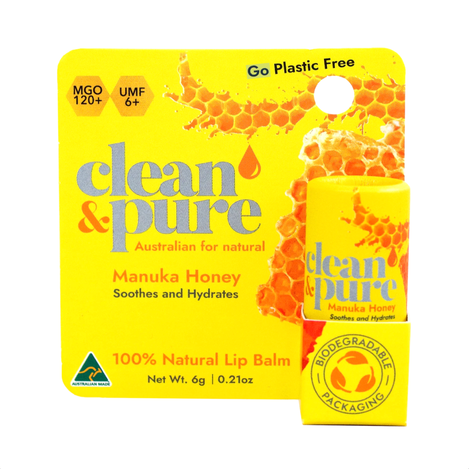 Clean & Pure Manuka Honey lip balm packaging on a white background