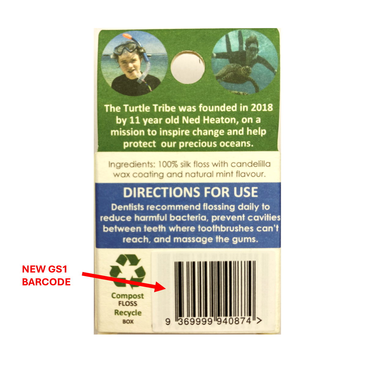 Back of a dental floss packaging with branding and recycling information.