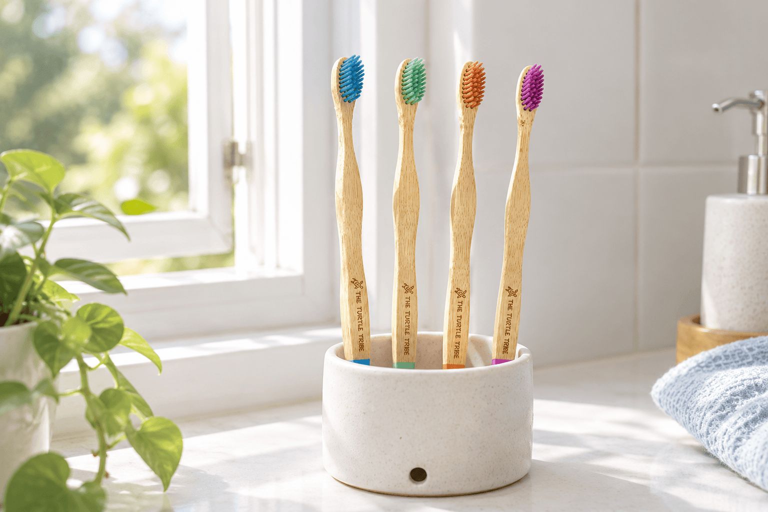 Four The Turtle Tribe bamboo toothbrushes standing upright to dry in a draining holder by a bathroom window